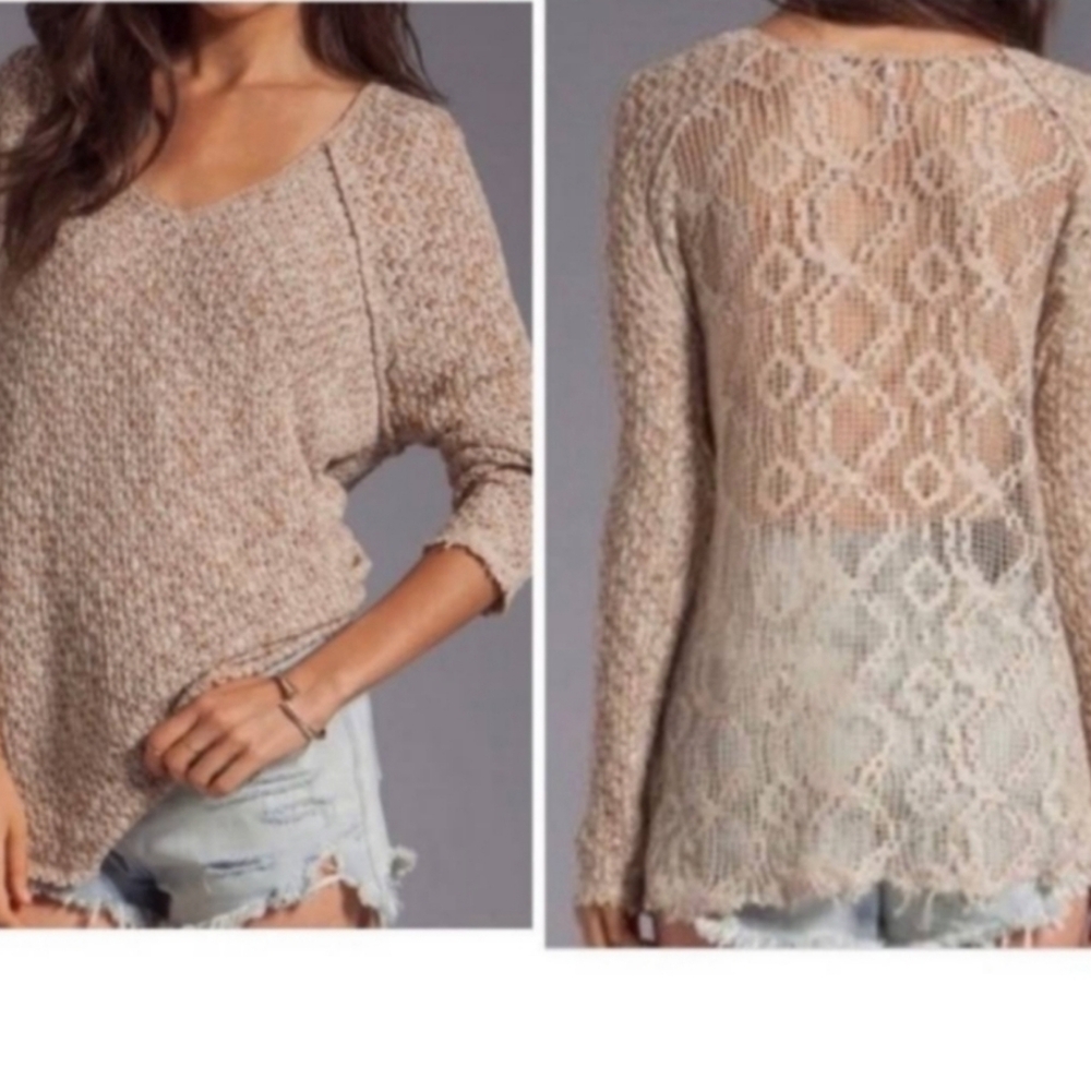 Free People Poppyseed Knit Shirt XS oversized tan beige long sleeve raw edge